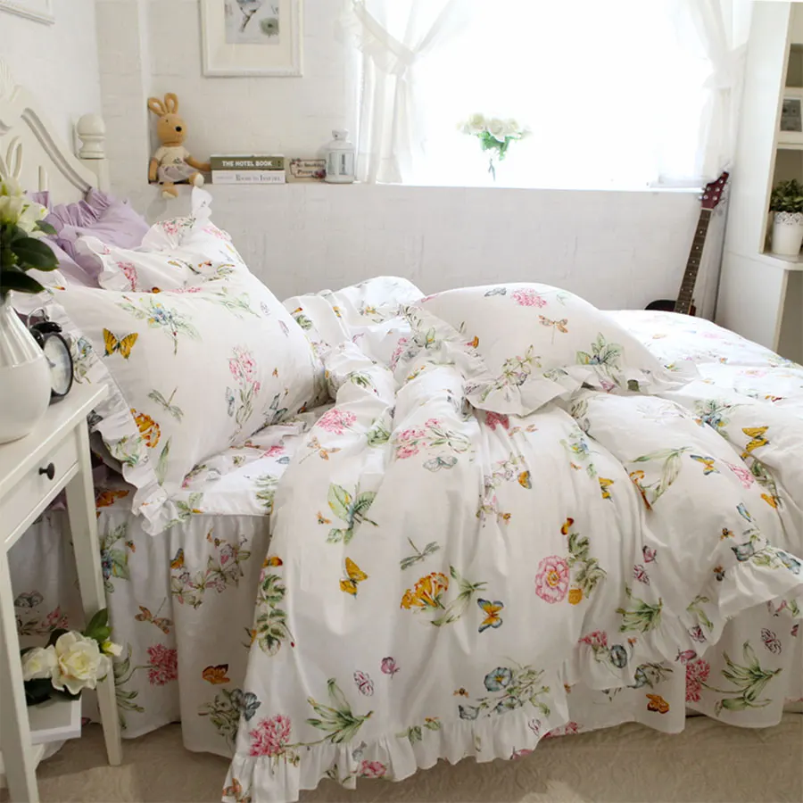buy Princess flower butterfly dragonfly bedding set girl,twin full queen king cotton home textile bed dress pillowcase quilt cover