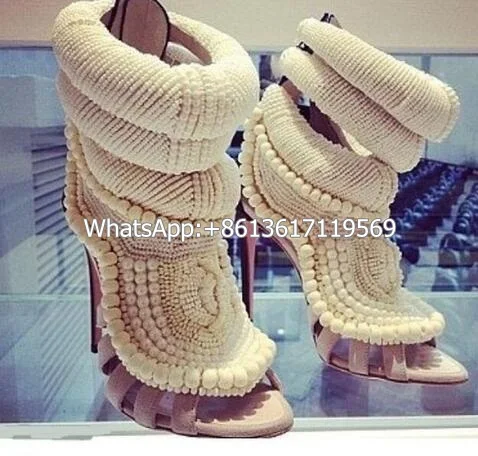 

Handmade Luxury Women Shinny Pearls High Heel Shoes Elegant Cut Out Weave Ankle Strap Beautiful Boot Weeding Dress Shoes