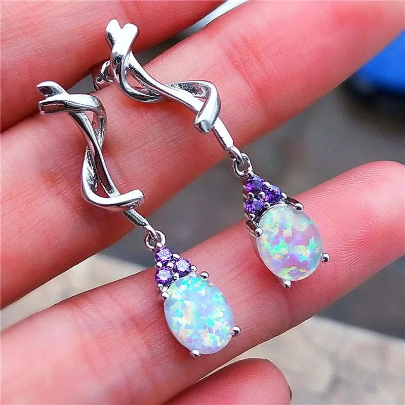 

JUNXIN White Blue Fire Opal Drop Earrings For Women Purple Red Zircon 925 Silver Oval Stone Wave Dangle Earrings Wedding Jewelry