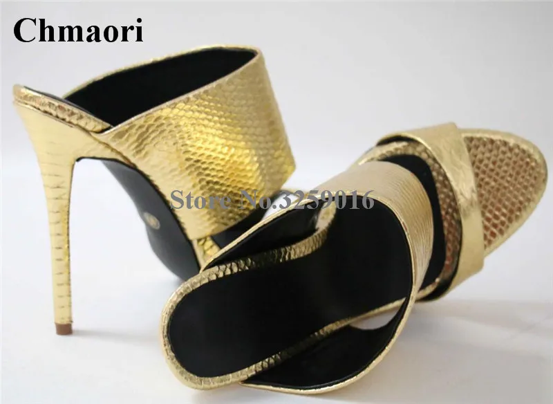 

Women Sexy Gold Pattern Leather Slip-on Slipper High Heels Sexy Stiletto Heel Thin Heel Pumps Sliver Black Slippers