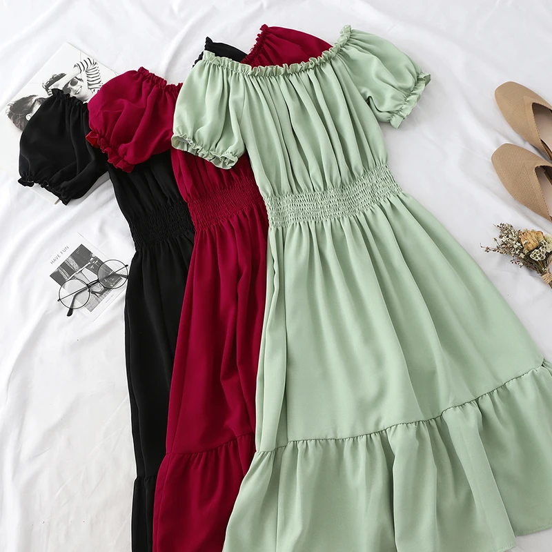

2019 Elegant Women Puff Sleeve Slash Neck A-line Pleated Ruffles Dress Vintage Elastic Slim High Waist Pullover Party Midi Dress