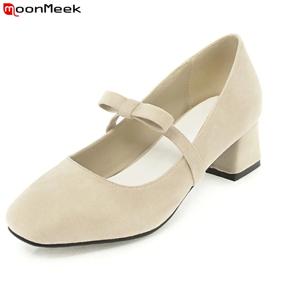 

MoonMeek new spring summer sweet female shoes med square heel with butterfly knot square toe slip on casual woman shoes