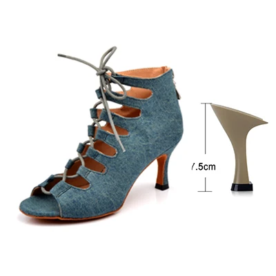 Ladingwu/Обувь для латинских танцев; женские джинсовые синие танцевальные ботинки; Широкий Тонкий Высокий каблук 10-6 см; Танцевальная обувь для сальсы и выступлений - Цвет: Blue 7.5cm