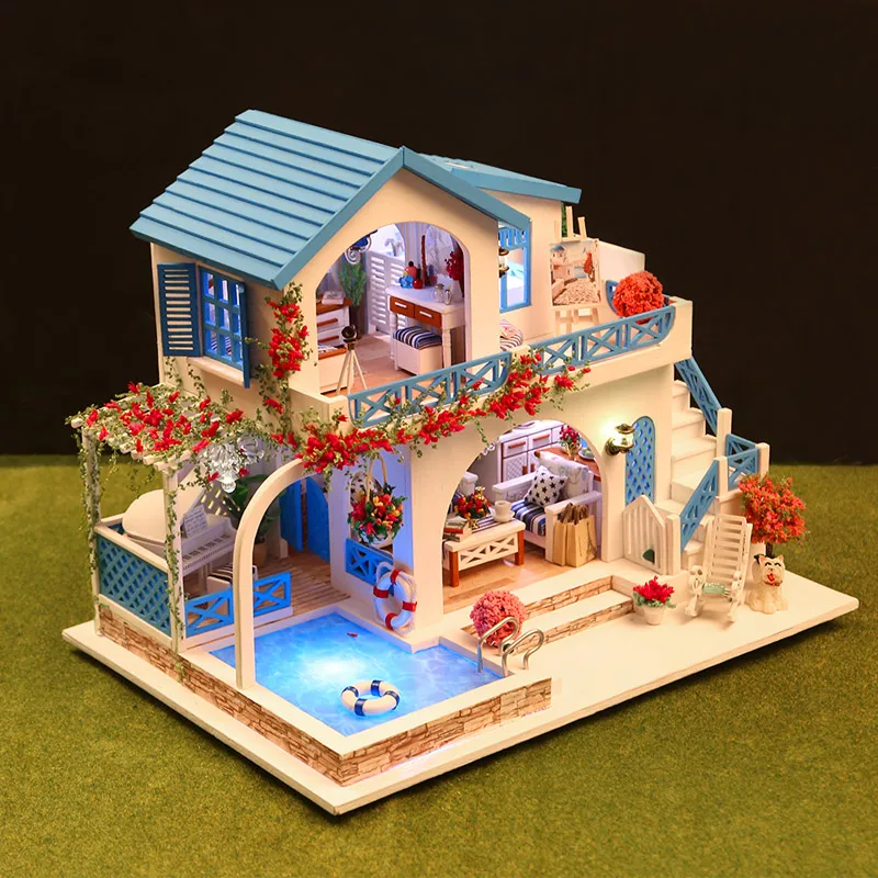 DIY деревянный кукольный дом миниатюрная кукольная мебель с Пылезащитный чехол деревянные головоломки синий и белый город игрушки для детей