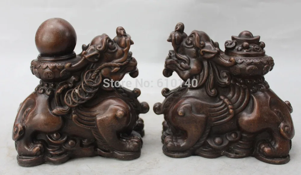 

15CM Chinese Bronze Wealth Guardian Beast Wealth Kylin Unicorn PiXiu Pair Statue