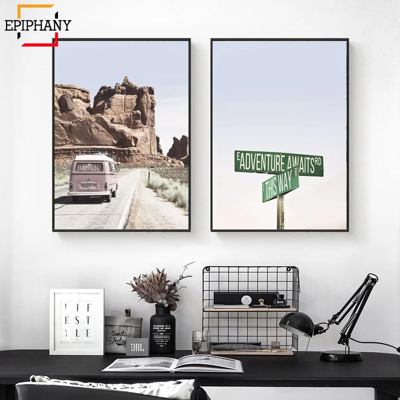 

Bus Wall Art Canvas Painting Adventure Awaits Travel Posters and Prints Nordic Canvas Art Boho Wall Pictures for Living Room