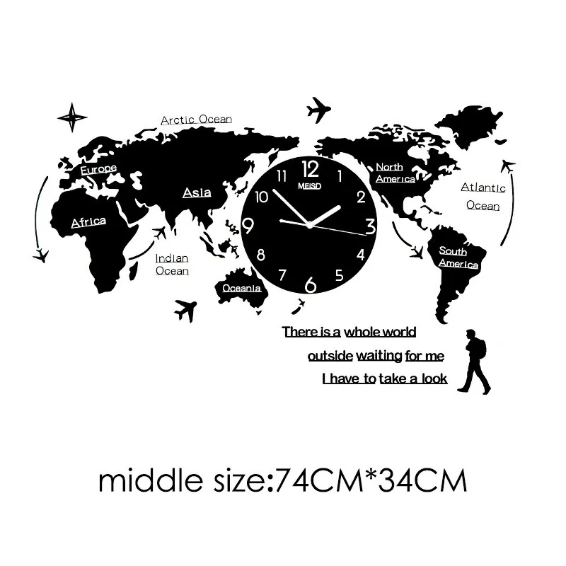 Large 3D World Map Wall Clocks Modern Design Glow In Dark Hanging Silent Wall Clocks Mute Acrylic Unique Wall Clocks - Цвет: Black(74CMx34CM)