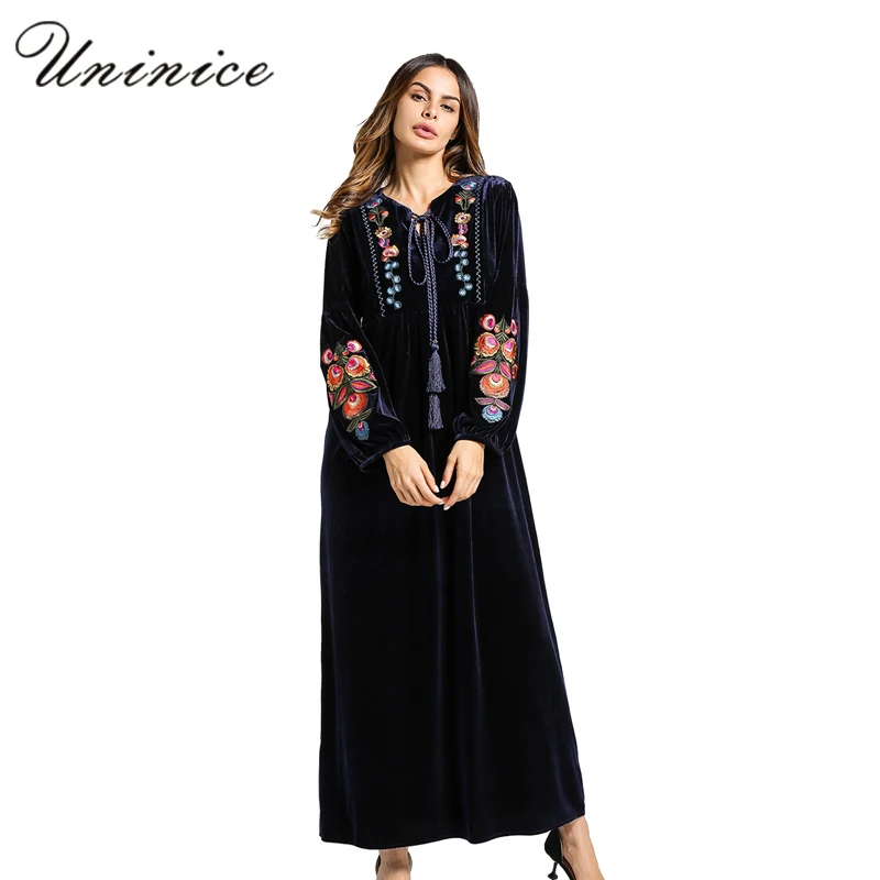 

Fashion Women's Maxi Dress Embroidery Velvet Winter Abaya Warm Robe Gowns Loose Style Muslim Middle East Arab Islamic Clothing