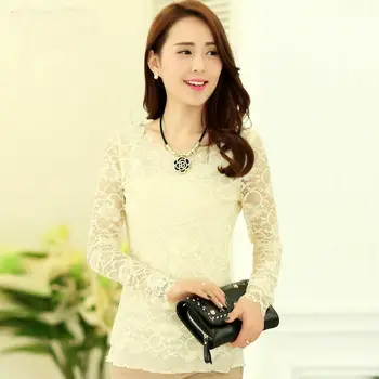 

2019 Fashion Women O Neck Lace Hollow Long Sleeve Tops Shirt Pattern Casual Slim Pure Underwear