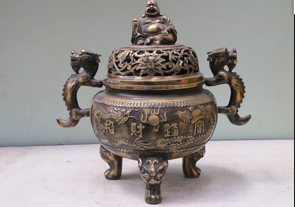 

11"Chinese Folk Brass fengshui Miroku Dragon And Phoenix FIRE BALL Ding censer