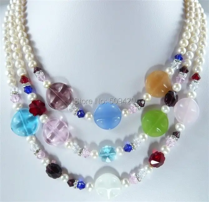 

W&O655 >>>>HOO! 3Strands 7-8mm White Akoya Pearl&Multicolor Crystal Necklace