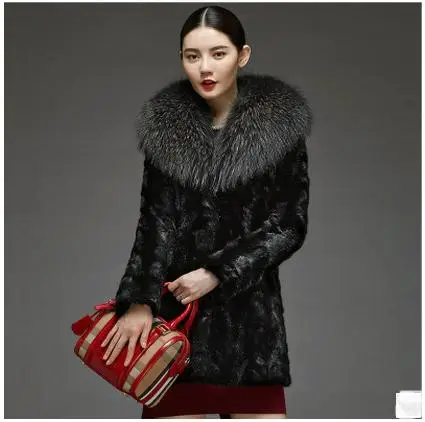 Women Black Faux Raccoon Fur Collar Jackets Long Section Fashion Female Coat Casaco Feminino Man-Made Coats K432 | Женская одежда