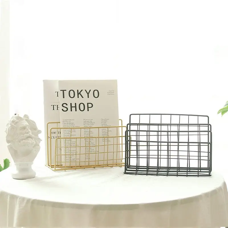 

Nordic style Golden Iron Art Grid Storage Rack Book Holder Three Layer Desktop Magazine Shelf Home Organizer Decoration