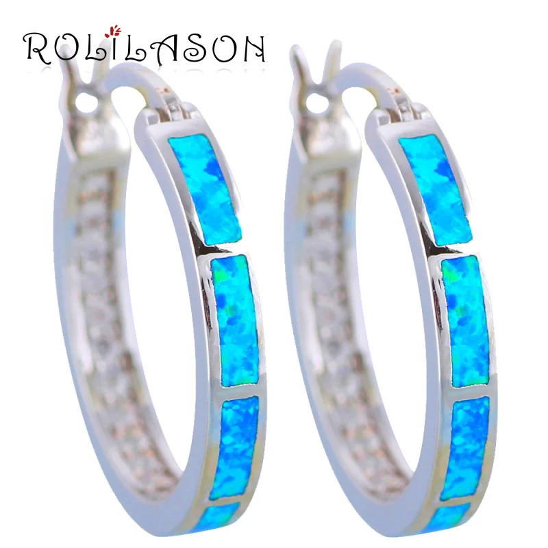 

ROLILASON Best Australia Zircon Blue Fire Opal Silver Stamped Anniversary Hoop Earrings Fashion Jewelry for Women OES622