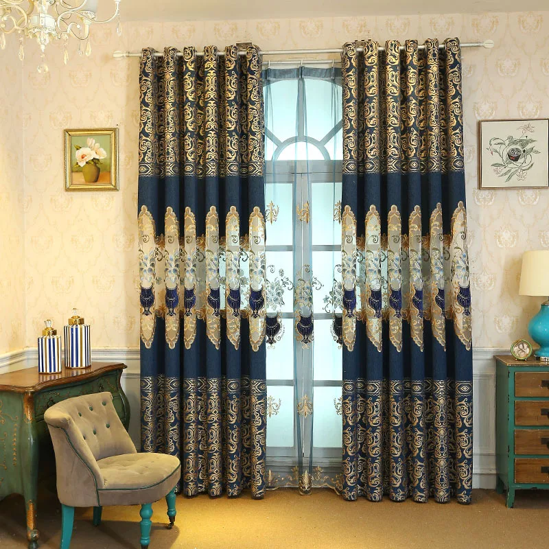Роскошная вышитая занавеска для гостиной бронзовая жаккардовая занавеска для спальни закрученная синяя вышитая Тюлевая занавеска s M034-40