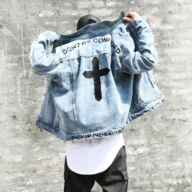 

Don't be confuse Cross embroidery HIGH STREET jacket men cool BF style zipper sleeve hold men boys oversize outwear coats L156