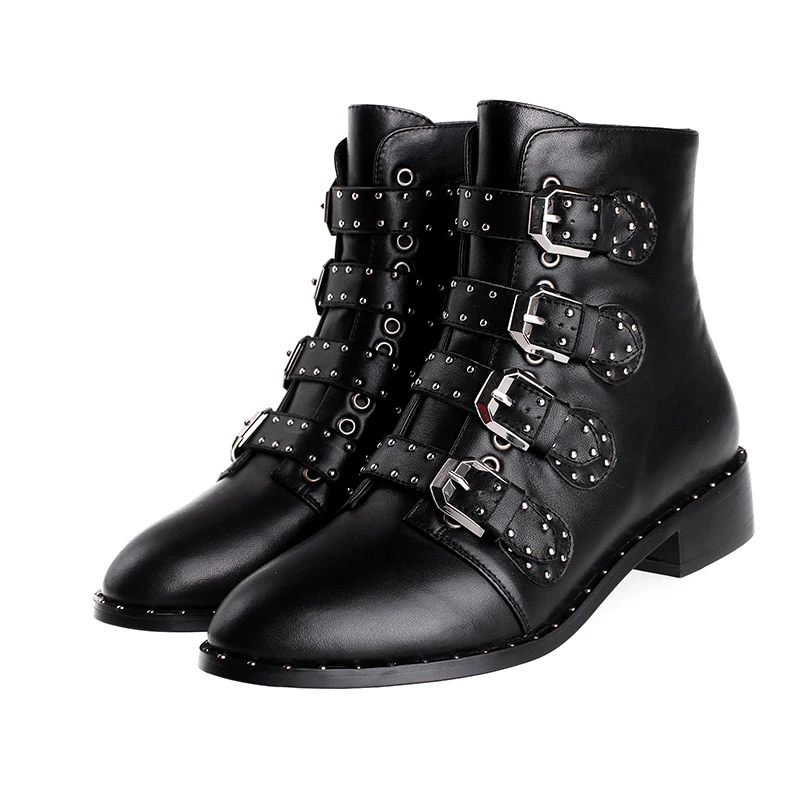 

Boots Women 2018 Spring Woman Motorcycle Boots Rivet Studded Biker Shoes Woman Round Toe Fashion Black Boots Zapatos De Mujer