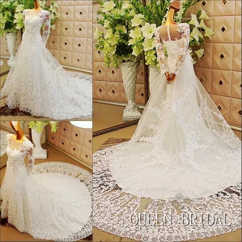 

Custom Made A-line Long Sleeve Big Train Lace Crsytal Bride Dress vestido de noiva Wedding Dresses China Bridal Gown QO17