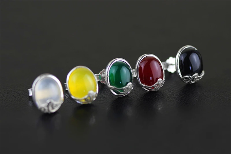 Muduh Collection Real 925 Sterling Silver Natural Agate Creative Handmade Designer Fine Jewelry Vintage Stud Earrings for Women Brincos