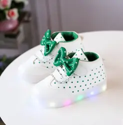 Девочки кроссовки с подсветкой 2018 новый бренд Весна с бантом дети принцесса обувь световой Светящиеся детей светодиодный сапоги для