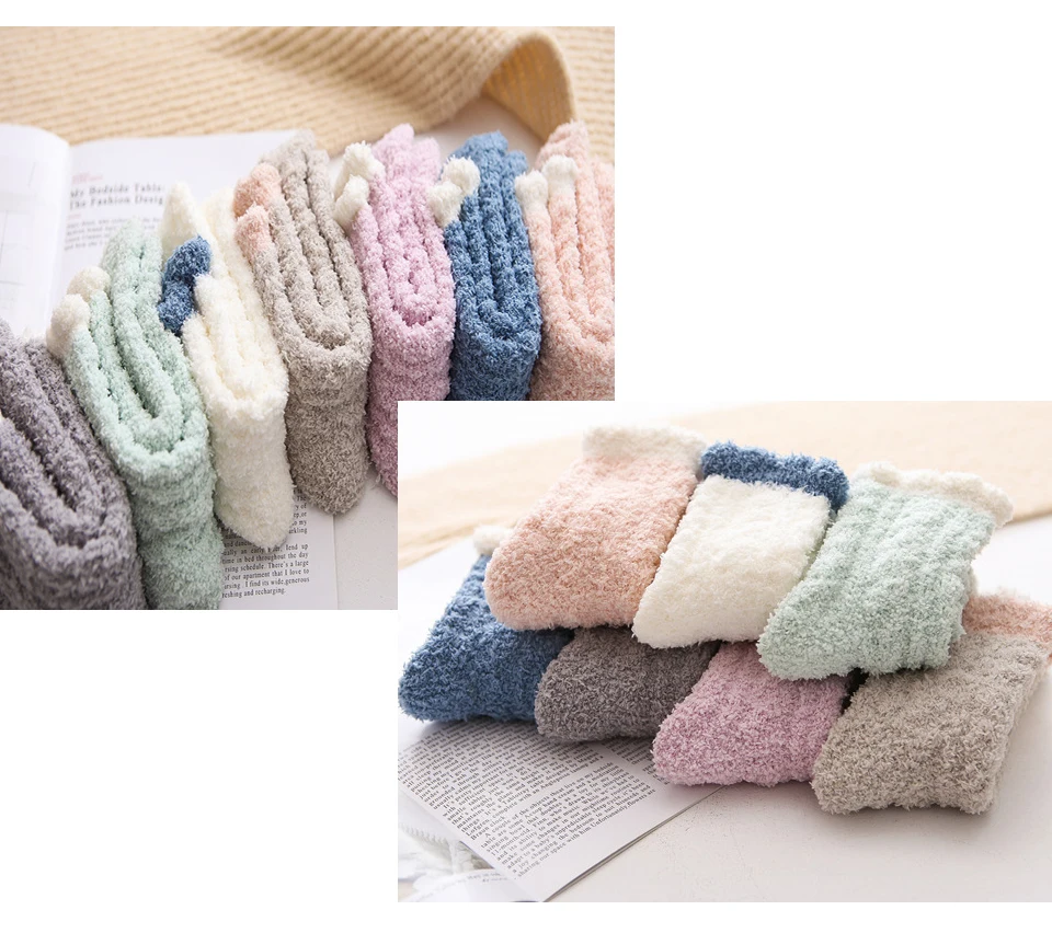 Hot adies Comfortable Winter New wWrm Bed Socks Floor Home Fluffy Candy Color Socks Coral Fleece Feet In The Tube Christmas (12)