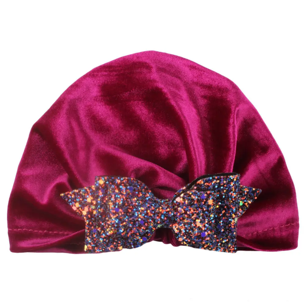 Новинка года; брендовые Детские головные уборы с бантами и пайетками для новорожденных мальчиков и девочек; бархатная Шапка-бини с пайетками; подарки - Цвет: Purple Red