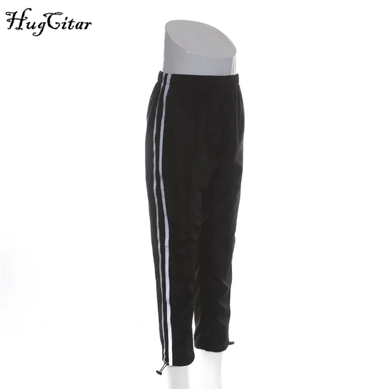 Hugcitar high waist reflective strip patchwork cargo pants 2019 autumn women club streetwear trousers Hugcitar high waist reflective strip patchwork cargo pants 2019 autumn women club streetwear trousers