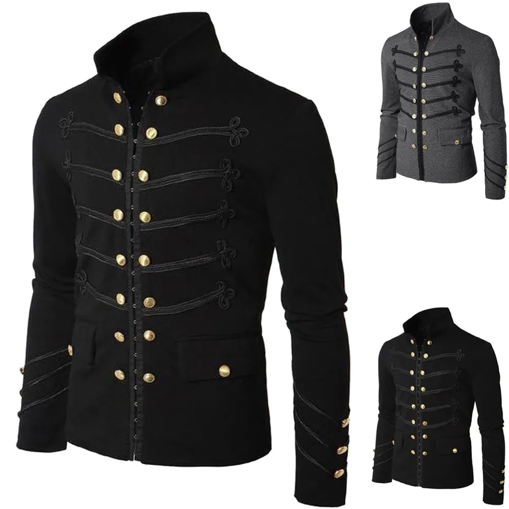 

Men Vintage Military Jacket Military Parade Jacket Embroidered Buttons Solid Color 57#