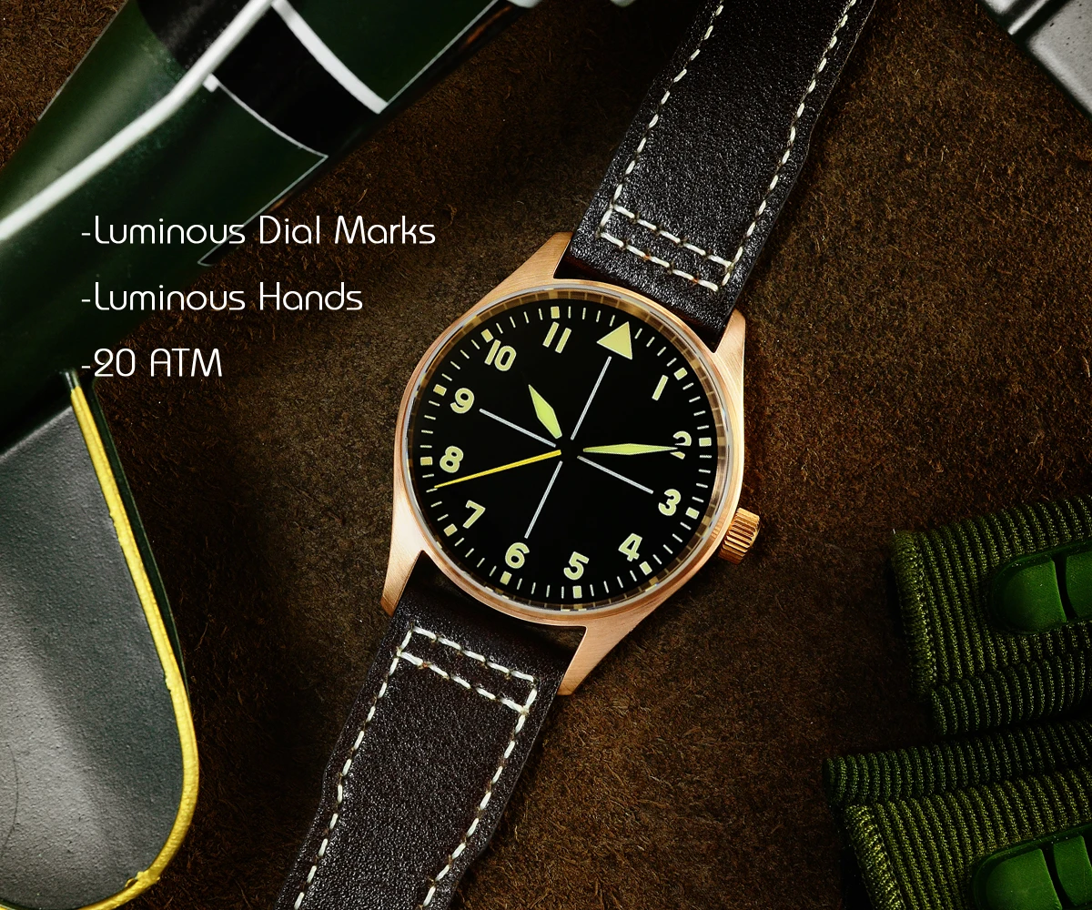 Lugyou механические часы пилота бронзовые винтажные военные армейские зеленые Супер Светящиеся NH35 кожа или нейлон Супер Светящиеся 39 мм