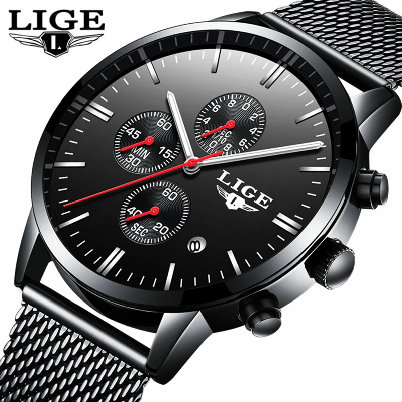 

LIGE Mens Watches Top Brand Luxury Business Quartz Watch Men Steel Mesh Strap Casual Waterproof Sport Watch Relogio Masculino