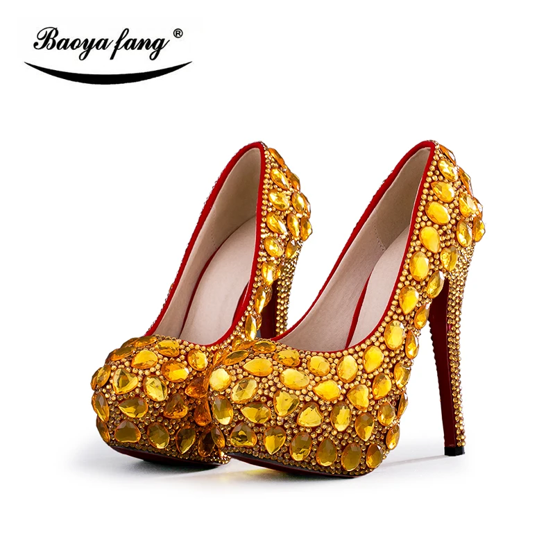 

Golden cyrstal wedding shoes High heels platform shoes 2017 Ladies Paty Dress shoes with matching bags insole woman Pumps