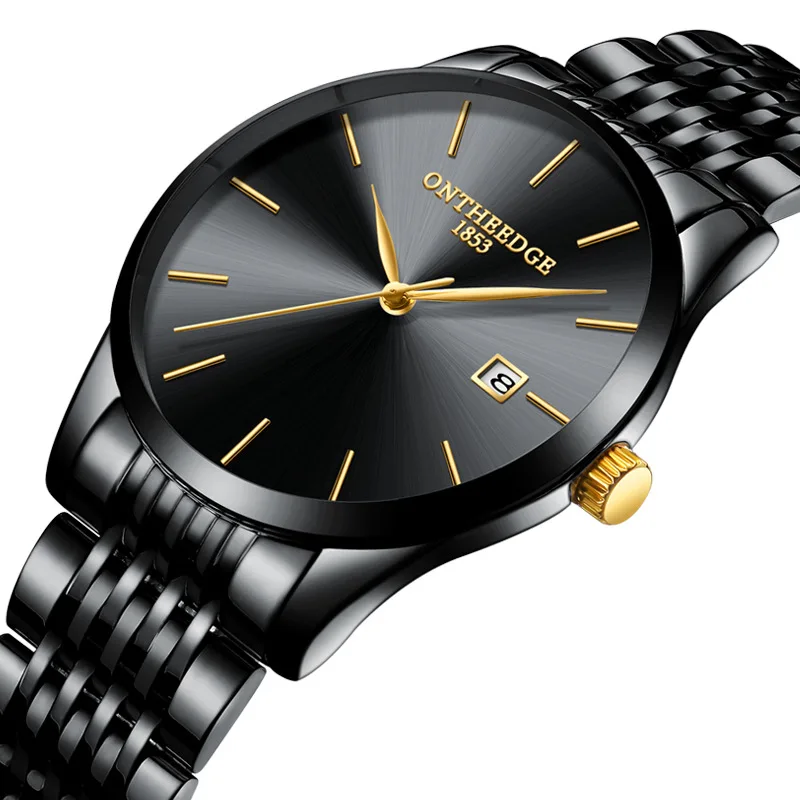 Бизнес Мужские наручные часы Роскошные золотые мужские часы из нержавеющей стали 30 м водонепроницаемые мужские часы с календарем бренд ontheedge
