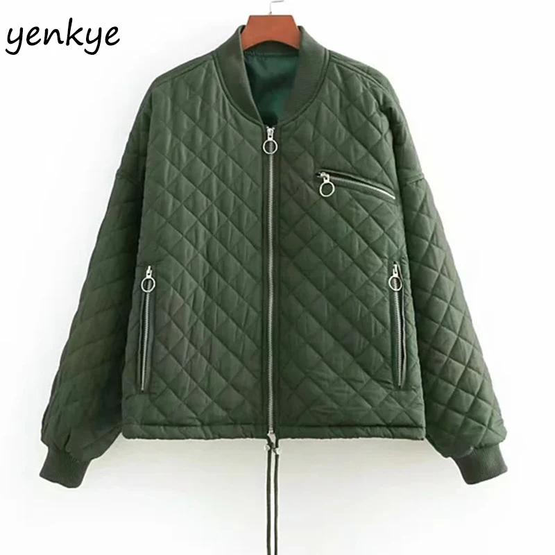Women Candy color Quilted Bomber Jacket Lady Stand Collar Long Sleeve