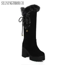 Новые зимние женские ботинки, большие размеры 33-43 обувь на платформе и толстом высоком каблуке с круглым носком однотонные сапоги до колена теплые зимние сапоги