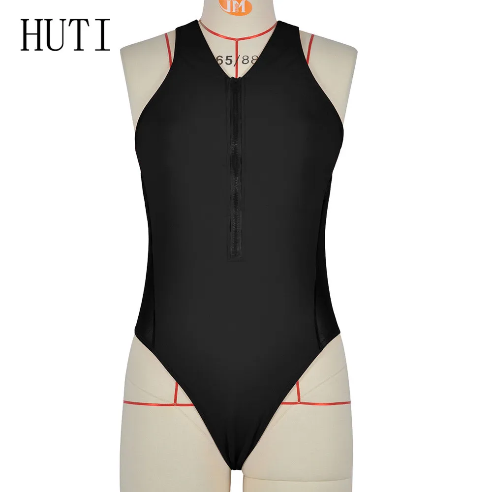 HUTI Sexy Deep V-neck Zipper Patchwork Mesh Bodysuits Women Summer Beach Monokini Swimwear Elegant Hollow Out Bikini 2019 Mujer