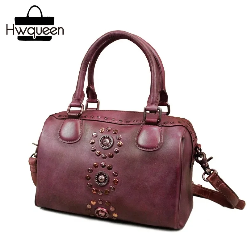 

2018 Genuine Cow Leather Top-Handle Pillow Bag Female Messenger Bag Handmade Purple Shoulder Bag Vintage Women's Rivets Handbag
