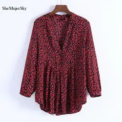 SheMujerSky Для женщин с длинным рукавом геометрическим принтом топы Свободные Повседневное блузки Уличная 2018 blusas рубашки