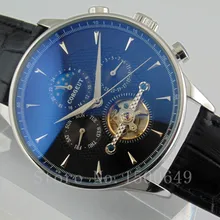 Corgeut 44 мм полированный корпус черный циферблат Автоматическая Мужские часы 1582