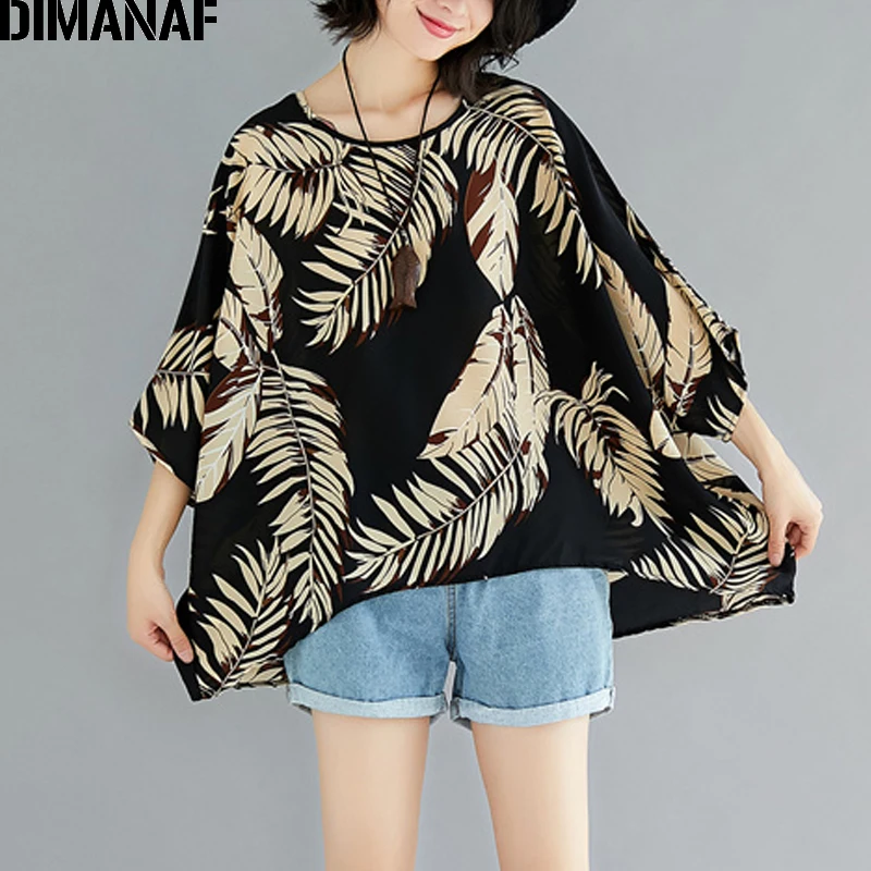 

DIMANAF Women Summer Blouse Shirts Plus Size Femme Loose Tops Large Clothing Vintage Black Print leaves Batwing Chiffon Tee 2018