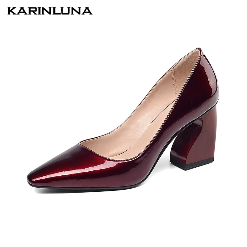 

Karinluna Hot Sale Fashion Cow Leather Chunky Heels Pumps Woman Shoes Slip On Party Wedding Pumps Female Shoes Woman