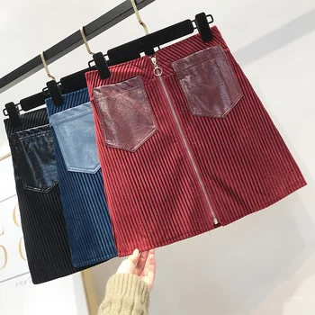 

FOLOBE 2020 Spring Corduroy Skirt Women Fashion Zipper Pocket Retro High Waist A Line Skirt Girls Ladies Basic Skirts Femme