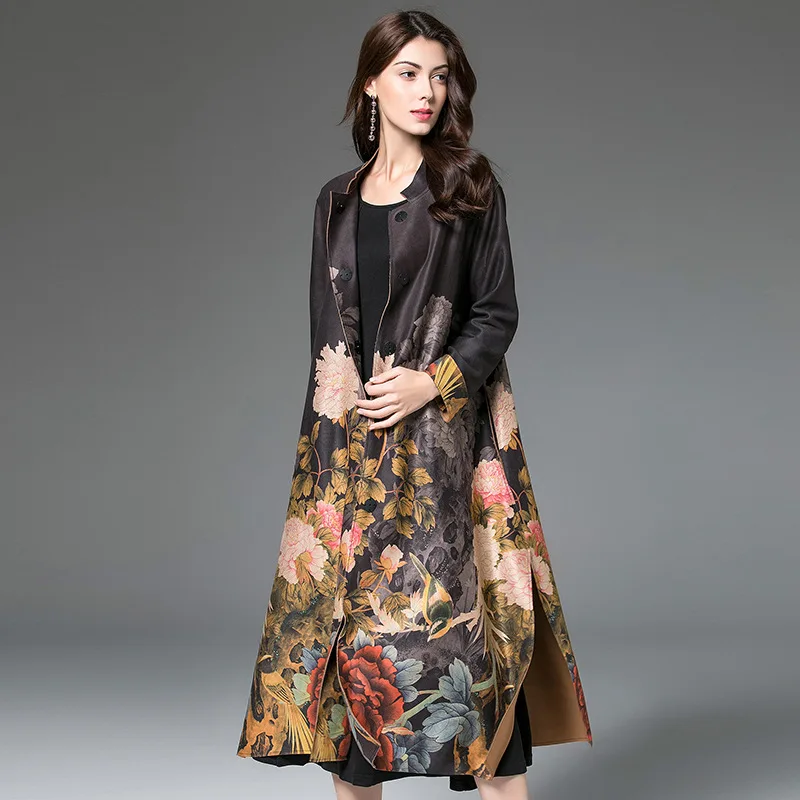 

Autumn Winter Women Trench Coat Vintage Suede Long Women Coat Flower Print Belt Female Outerwear Coat Plus Size kz684
