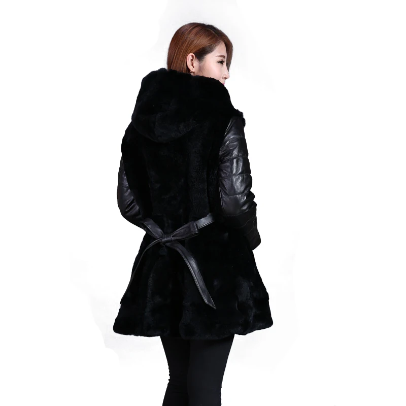 Manteaux 3xl 291 Manteau Veste Femmes Rex Capuche À Cuir Fourrure De Lapin Manches Réel Survêtement Hiver Mince Noir Tfm Avec Véritable En ncTqURg