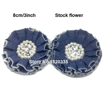 

30pcs 3" DIY headband Flowers denim shabby flowers with rhinestone for headband XFH63