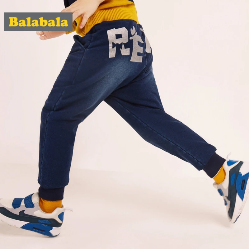Baratos Vaqueros de tiro con forro polar de Balabala Todder Boy con apliques vaqueros de algodón para niños en Denim lavado con cintura acanalada de bolsillo