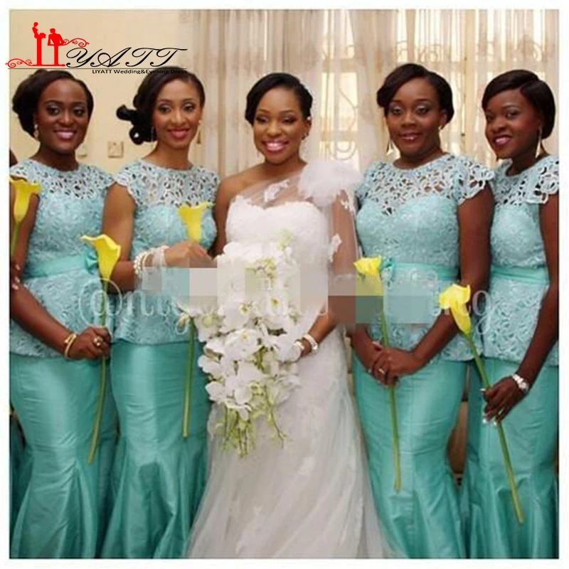 2016 Sexy Mint Lace Bridesmaid Dress Cap Short Sleeve Satin Peplum