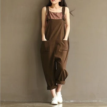 

Women fashion Casual Loose bib Pants Cotton Jumpsuit pockets sleeveless backless Strap Harem Trousers solid Overalls