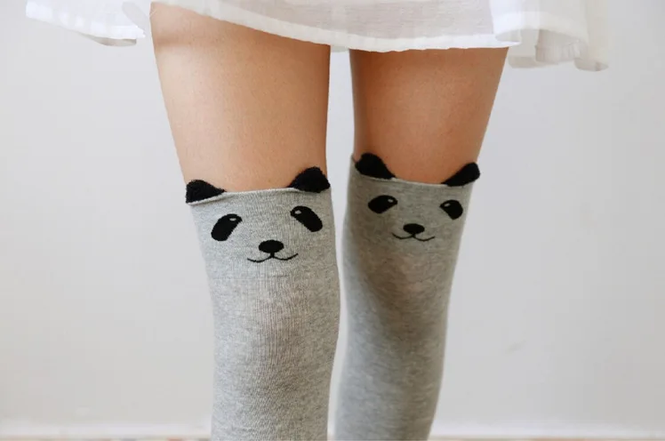 Мягкие хлопковые чулки выше колена с пандой чулки с котом для девочек милые японские чулки с медведем для женщин, серый и черный цвета