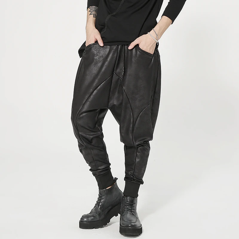 Хип-хоп стилист утолщаются низкий шаговый шов штаны на флисе мужской Искусственная кожа шаровары Джоггеры для отдыха ночной клуб танец DJ брюки A71010