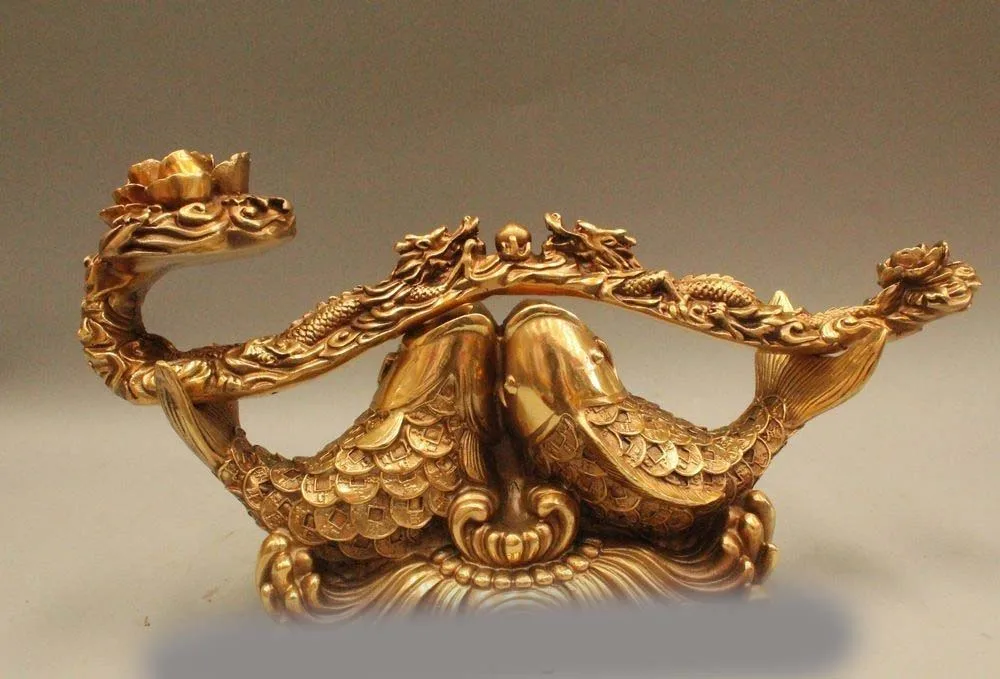 

15" Chinese fengshui Brass Money Wealth Year Fish With Dragon RuyI Statue Set